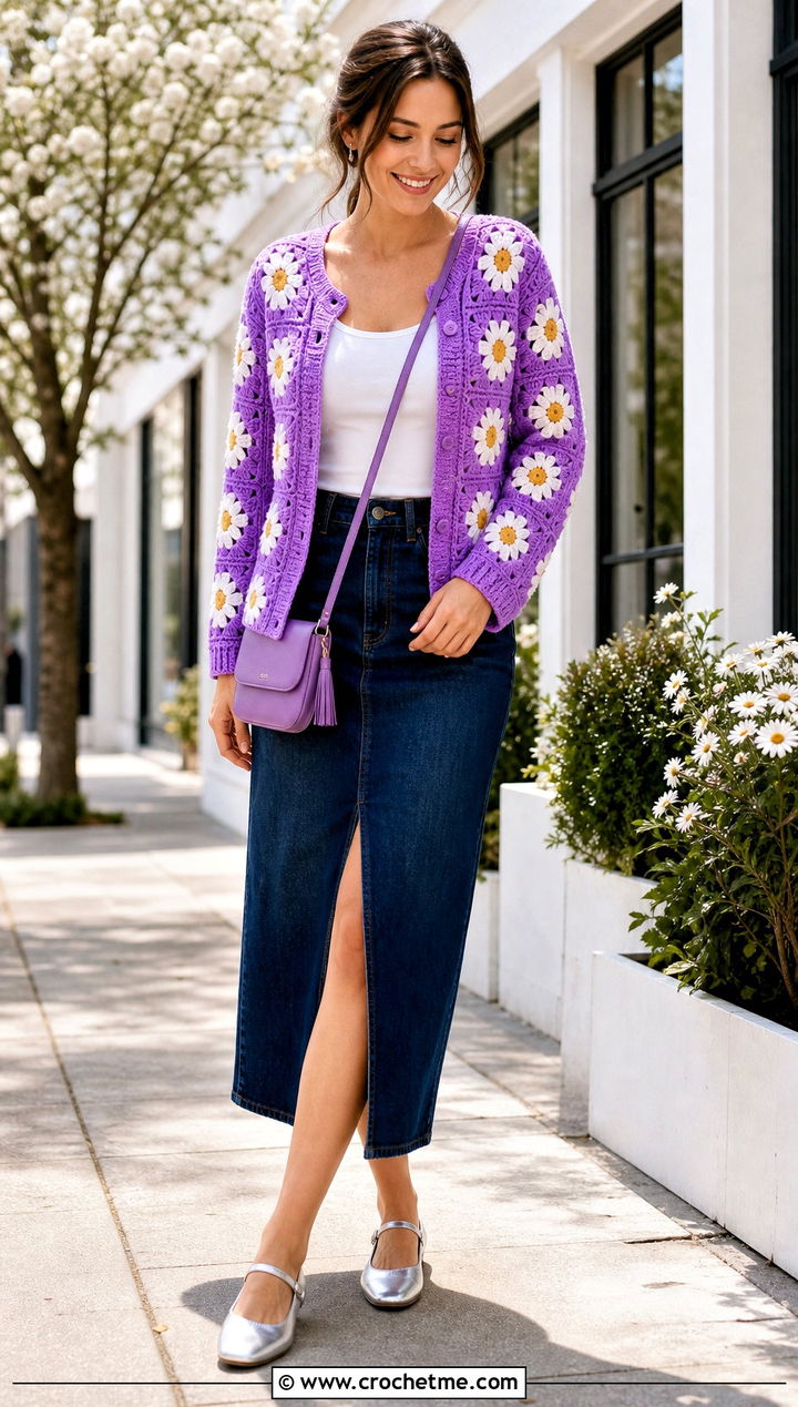 Daisy Square Cardigan With Denim Midi Skirt - 30 crochet square cardigan outfit ideas