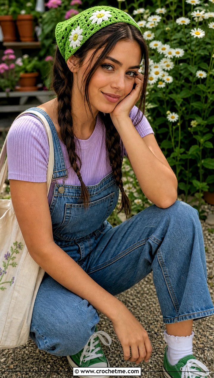 Daisy Square Crochet Bandana Headband With Overalls - 25 Crochet Bandana Headband outfit ideas