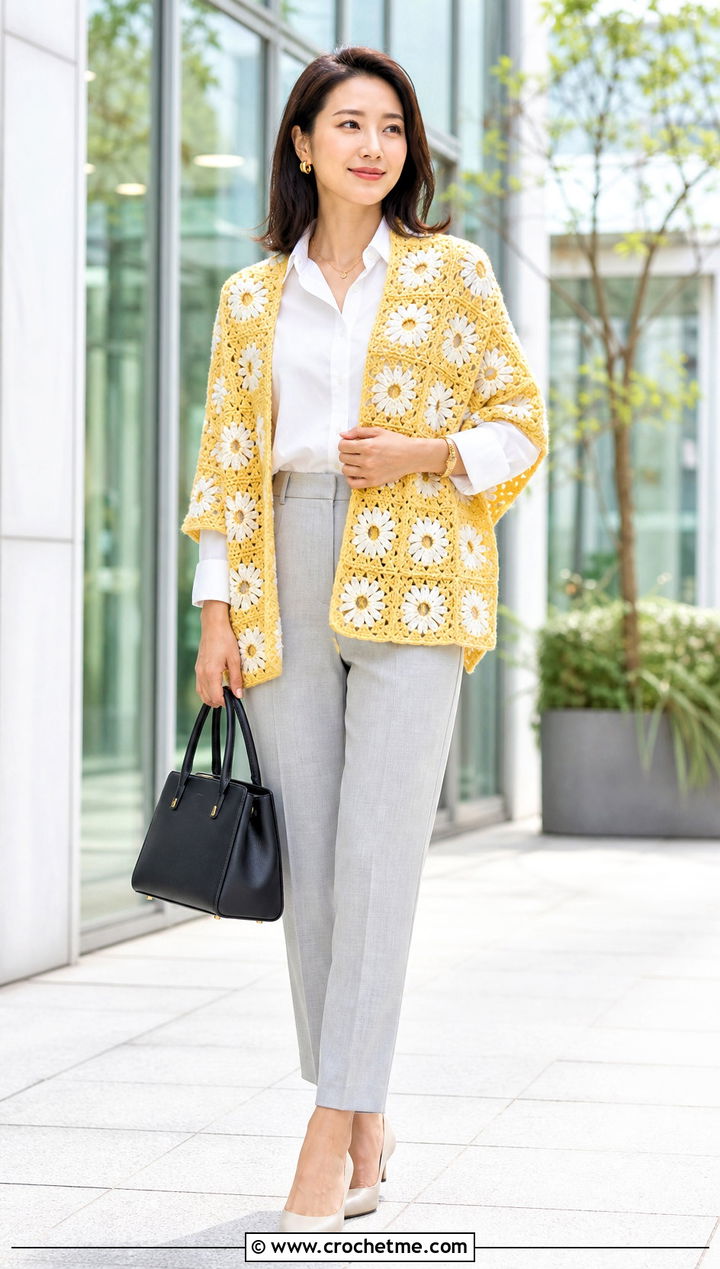 Daisy Square Crochet Shawl With White Shirt And Trousers - 25 Square Crochet Shawl outfit ideas