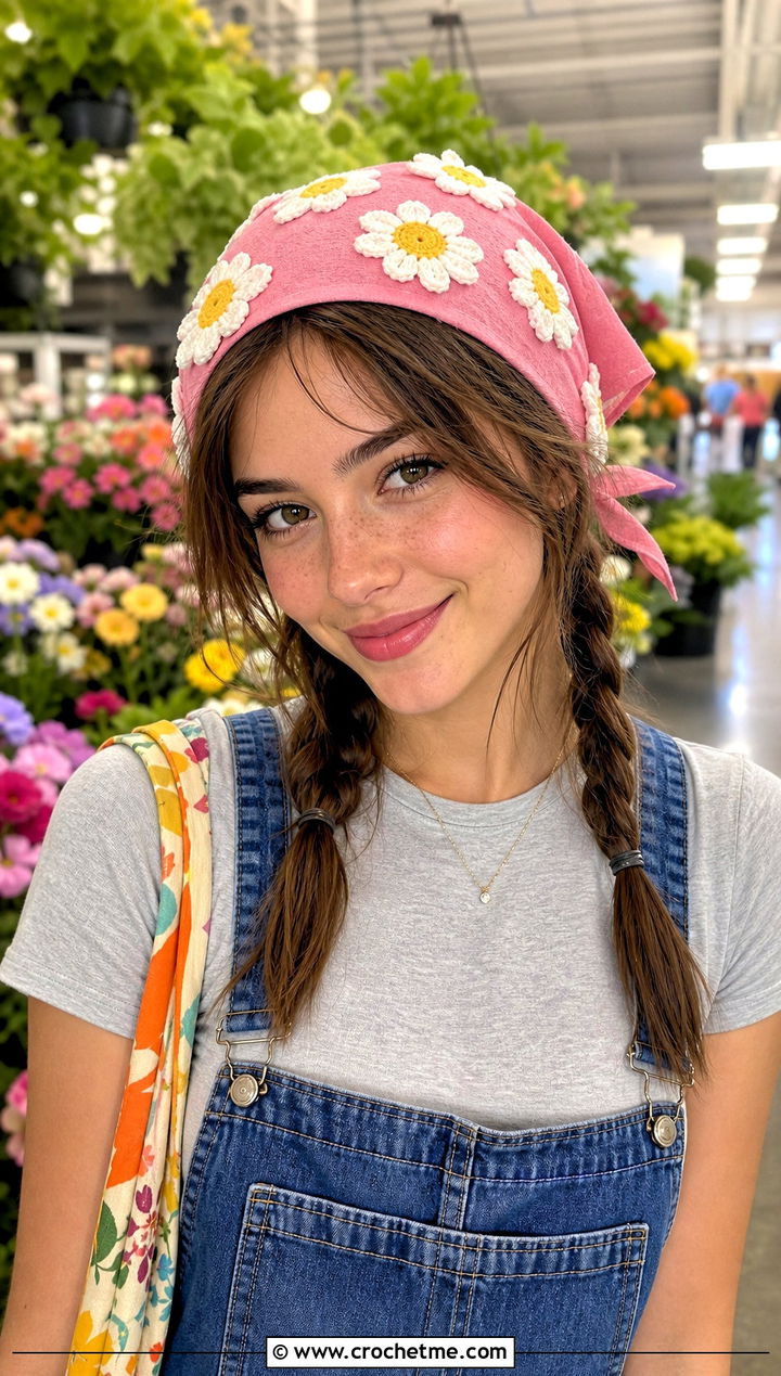 Daisy Square Head Scarf With Denim Overalls - 30 crochet head wrap outfit ideas