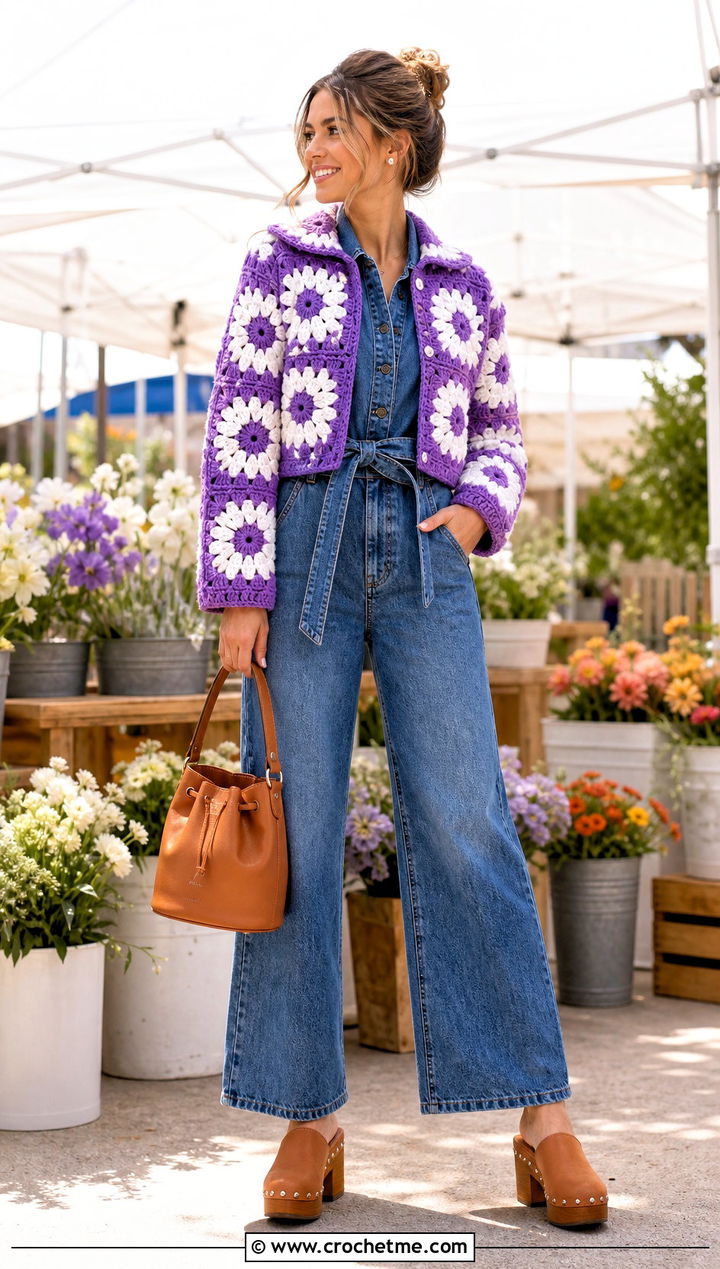 Daisy Square Jacket With Denim Jumpsuit - 30 crochet square jacket outfit ideas