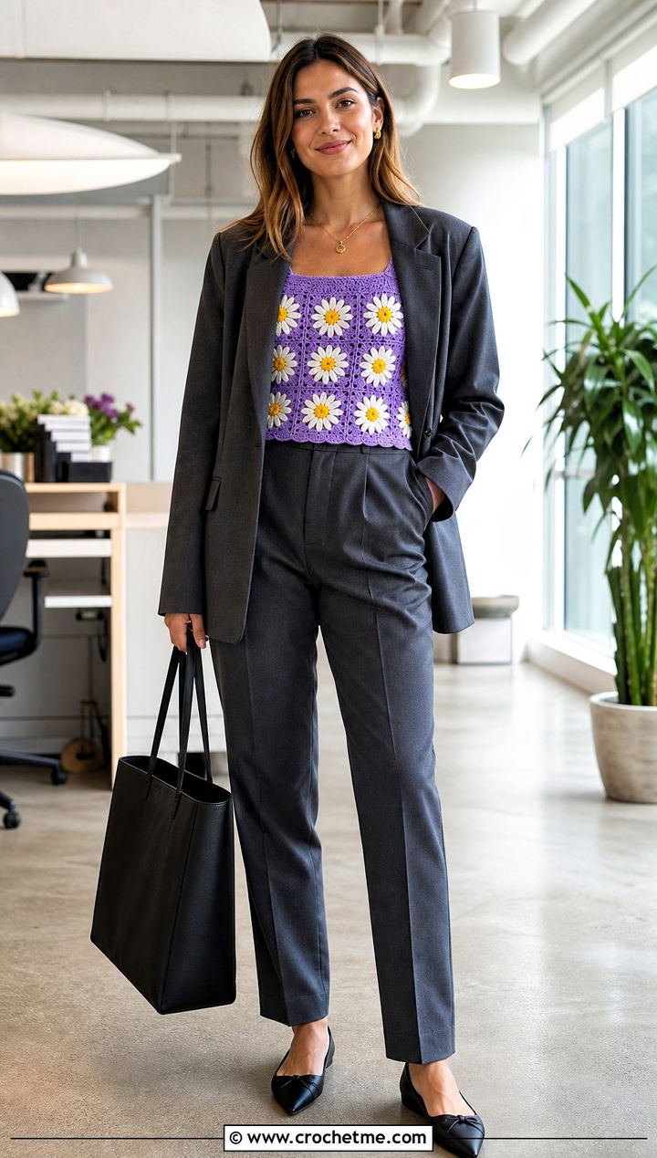 Daisy Square Jumper With Relaxed Suit - 30 crochet square jumper outfit ideas