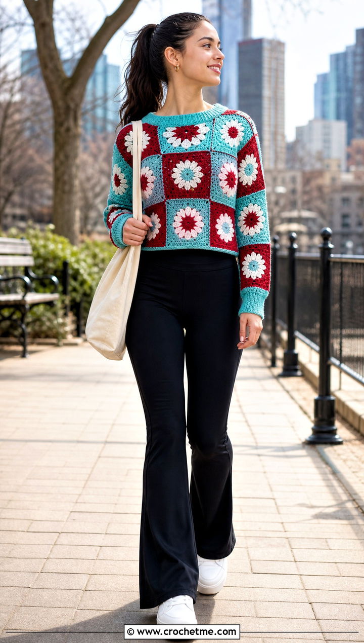 Daisy Square Patchwork Sweater With Flared Leggings - 30 crochet patchwork sweater outfit ideas