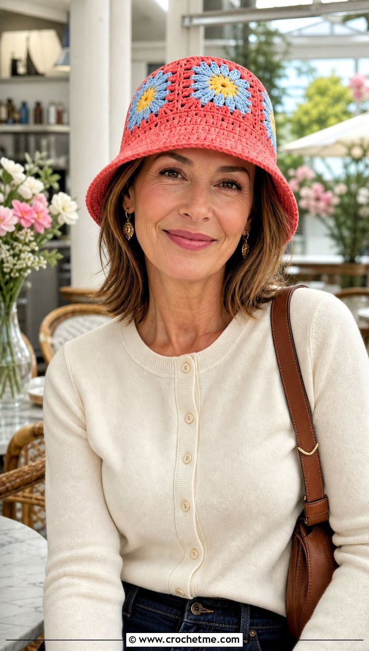 Daisy Square Scrap Happy Crochet Bucket Hat With Denim Midi Skirt And Cardigan - 15 Scrap Happy Crochet Bucket Hat outfit ideas