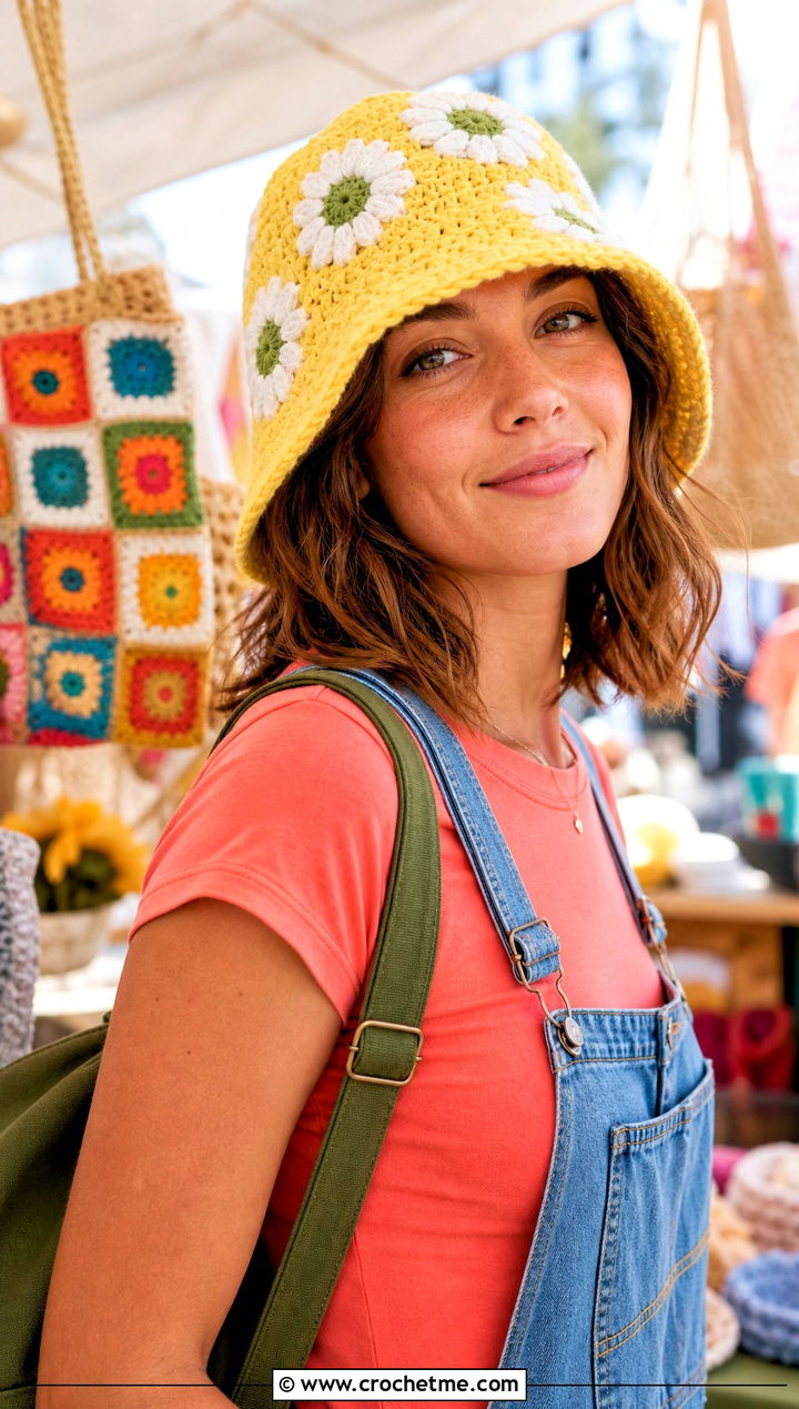 Daisy Stitch Lemon Crochet Bucket Hat With Overalls - 25 Lemon Crochet Bucket Hat outfit ideas