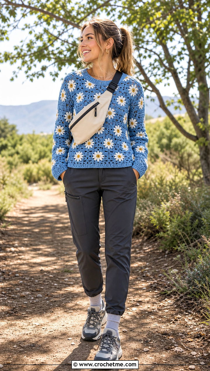 Daisy Tapestry Crochet Sweater With Hiking Pants - 30 tapestry crochet sweater outfit ideas