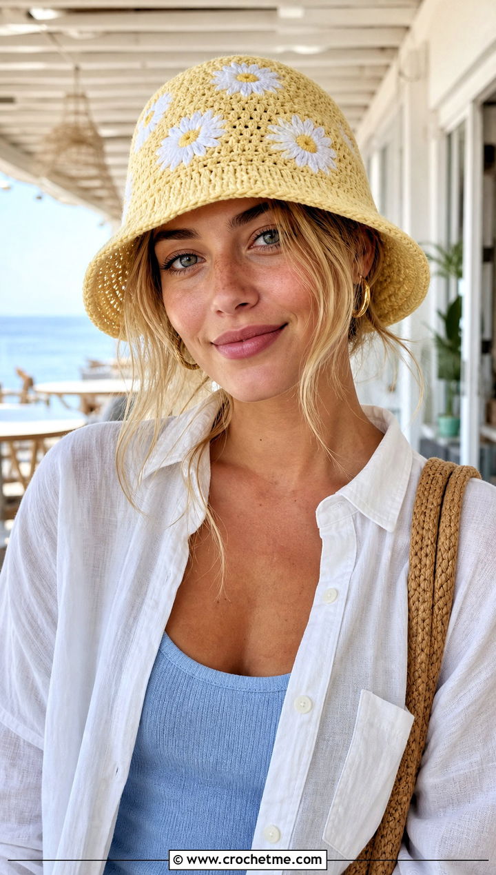 Daisy Yellow Crochet Bucket Hat With Linen Shirt And Shorts - 30 yellow crochet bucket hat outfit ideas
