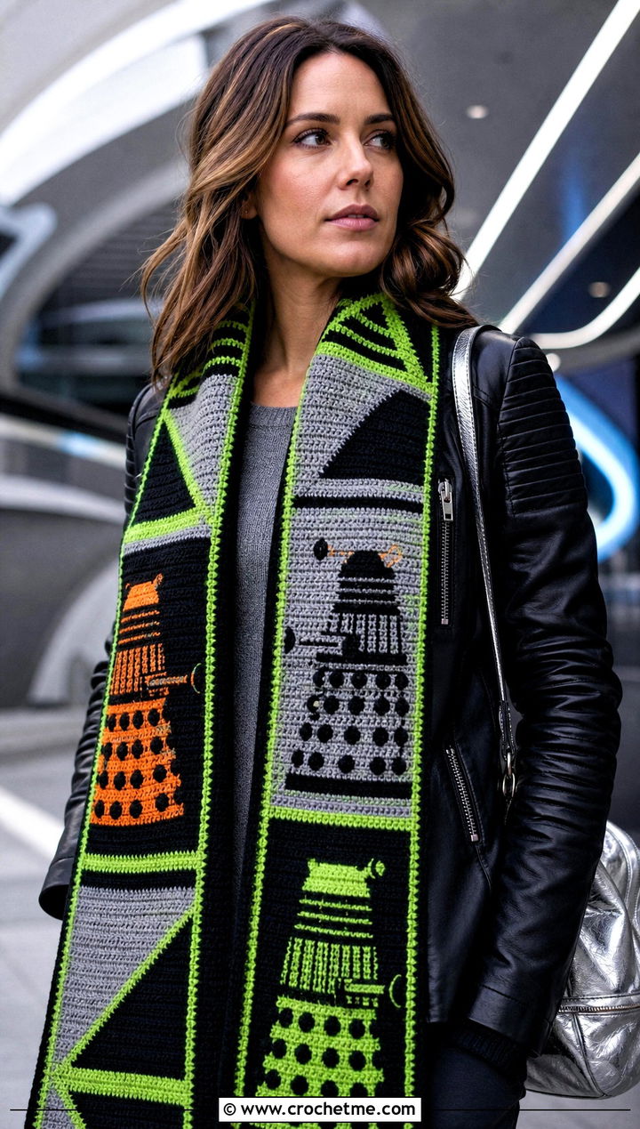Dalek Graphic Doctor Who Crochet Scarf With Biker Jacket - 25 Doctor Who Crochet Scarf outfit ideas
