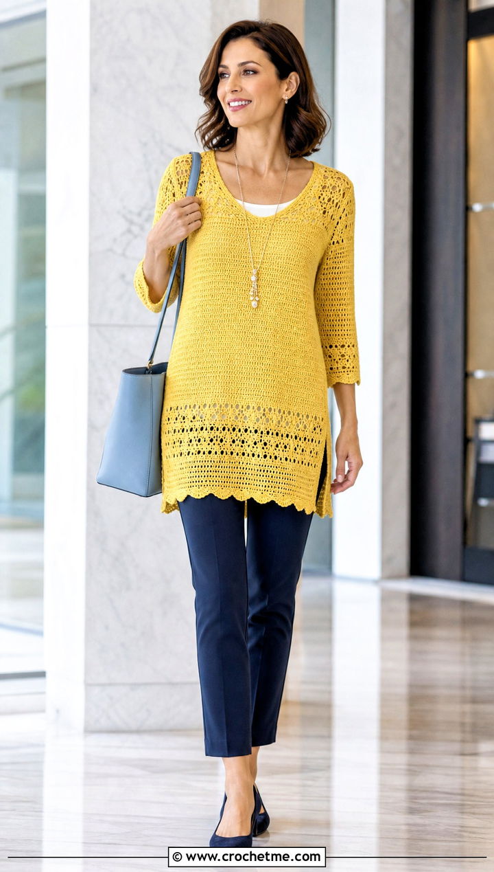 Dandelion Yellow Tunic Crochet Sweater With Slim Trousers - 15 Yellow Lace Crochet Sweater outfit ideas