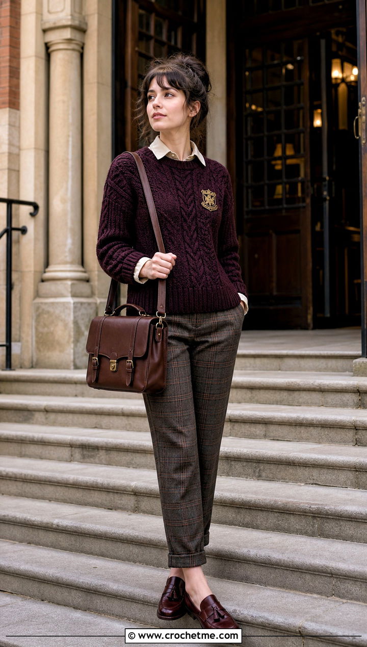 Dark Academia Crochet Harry Potter Sweater With Plaid Trousers - 35 crochet harry potter sweater outfit ideas