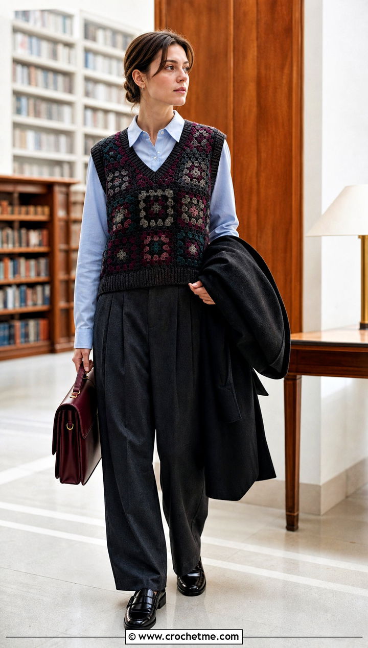 Dark Academia Granny Square Sweater Vest With Wool Trousers - 15 Crochet Granny Square Sweater Vest outfit ideas