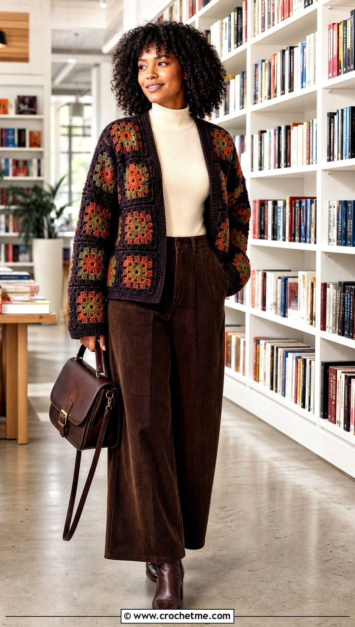 Dark African Flower Granny Square Cardigan With Corduroy Pants - 30 african flower granny square cardigan outfit ideas