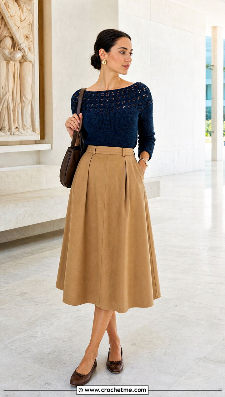 Dark Blue Boat Neck Crochet Top With A Line Skirt - 35 dark blue crochet top outfit ideas