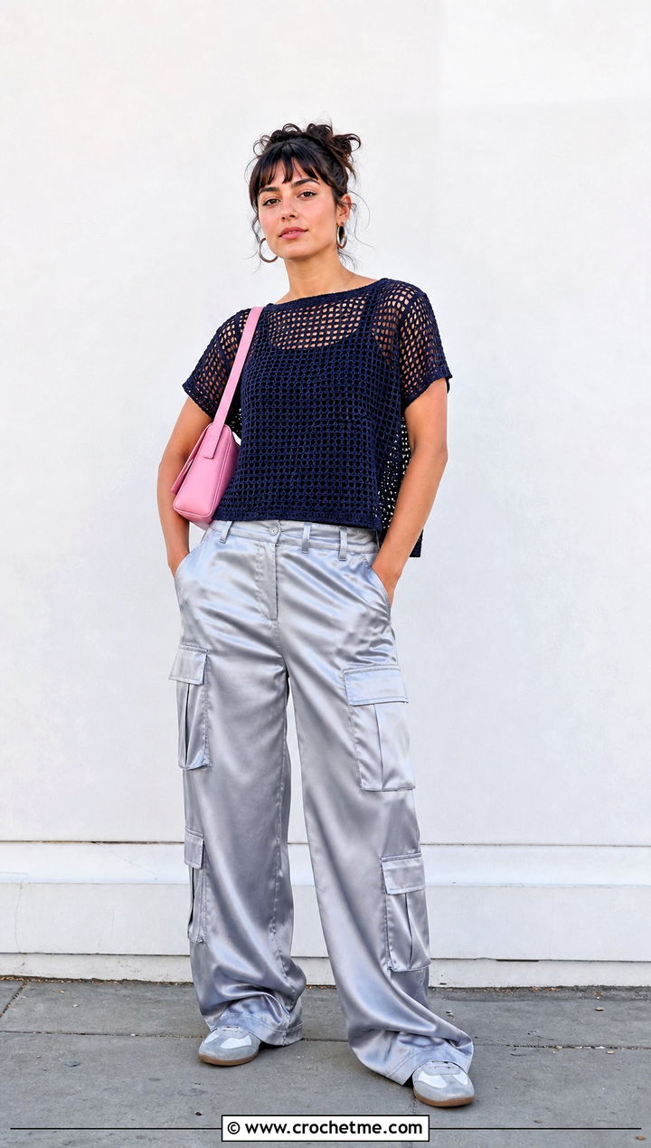 Dark Blue Boxy Crochet Tee With Satin Cargo Pants - 35 dark blue crochet top outfit ideas