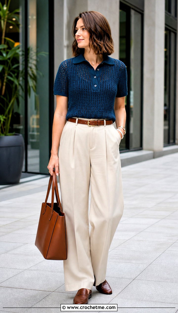 Dark Blue Crochet Polo Top With Pleated Trousers - 35 dark blue crochet top outfit ideas
