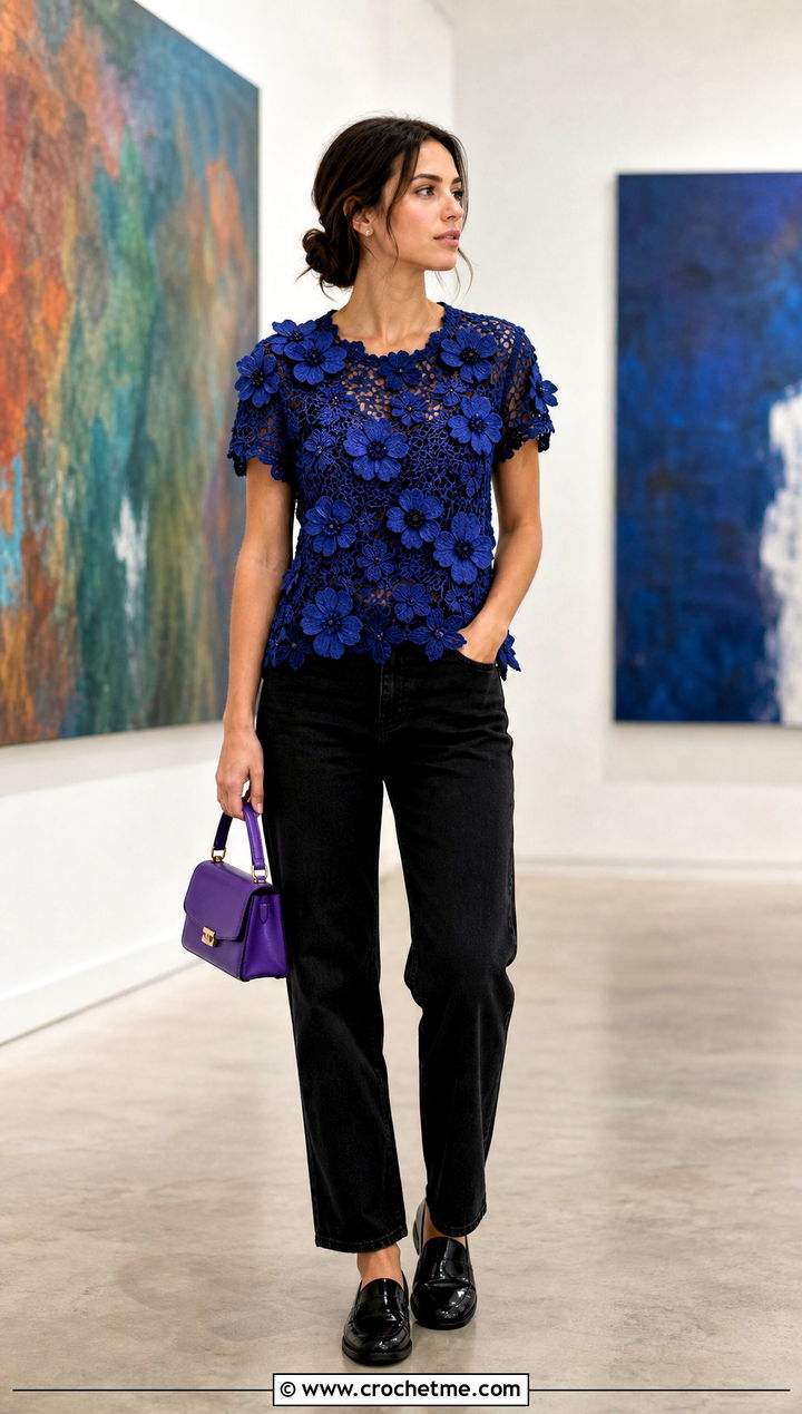 Dark Blue Floral Applique Crochet Top With Black Jeans - 35 dark blue crochet top outfit ideas