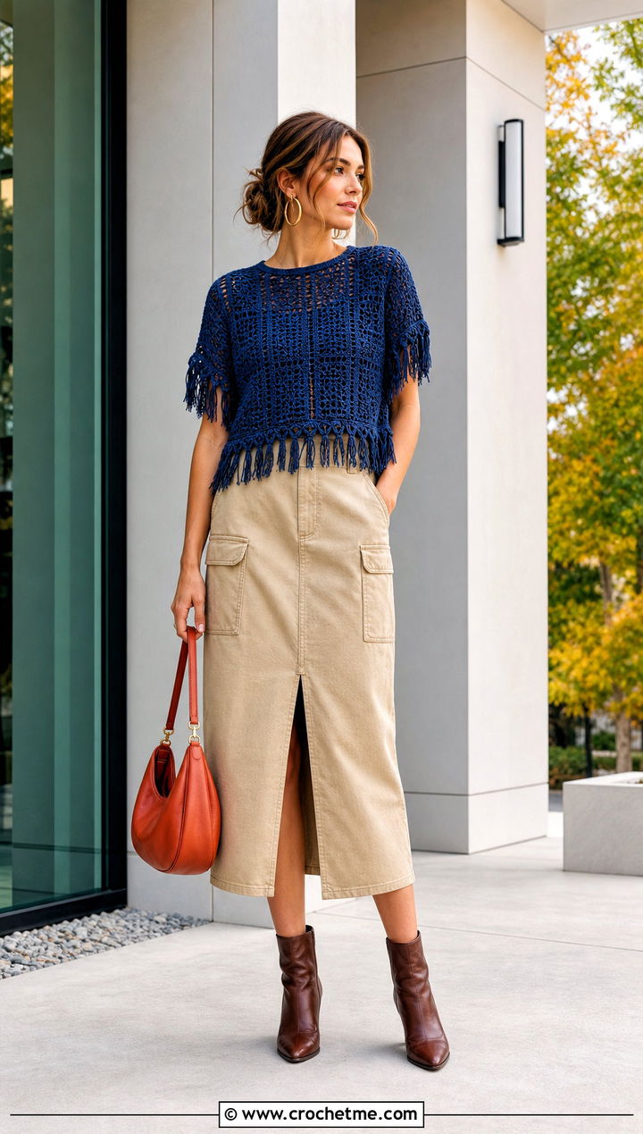 Dark Blue Fringe Hem Crochet Top With Utility Skirt - 35 dark blue crochet top outfit ideas