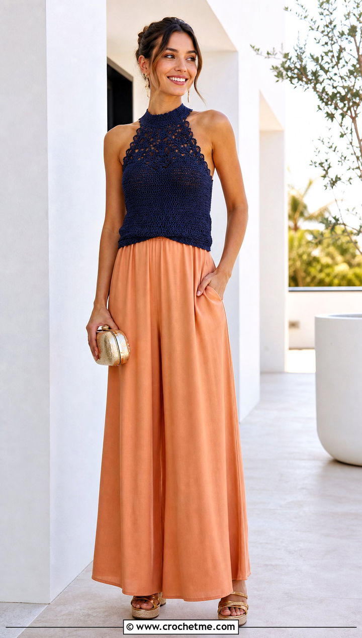 Dark Blue High Neck Crochet Tank With Palazzo Pants - 35 dark blue crochet top outfit ideas