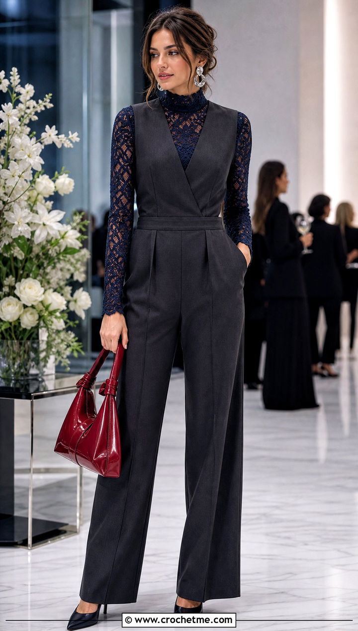 Dark Blue Lace Panel Crochet Top With Tailored Jumpsuit - 35 dark blue crochet top outfit ideas