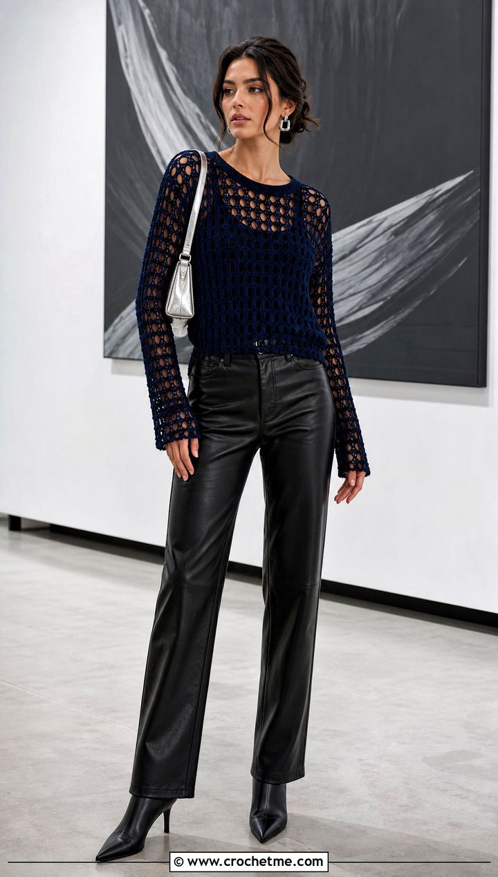 Dark Blue Long Sleeve Mesh Crochet Top With Leather Pants - 35 dark blue crochet top outfit ideas