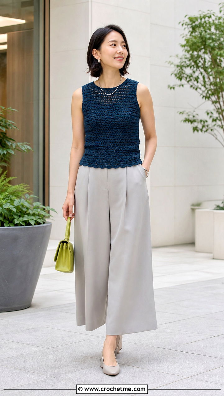 Dark Blue Sleeveless Crochet Shell With Culottes - 35 dark blue crochet top outfit ideas