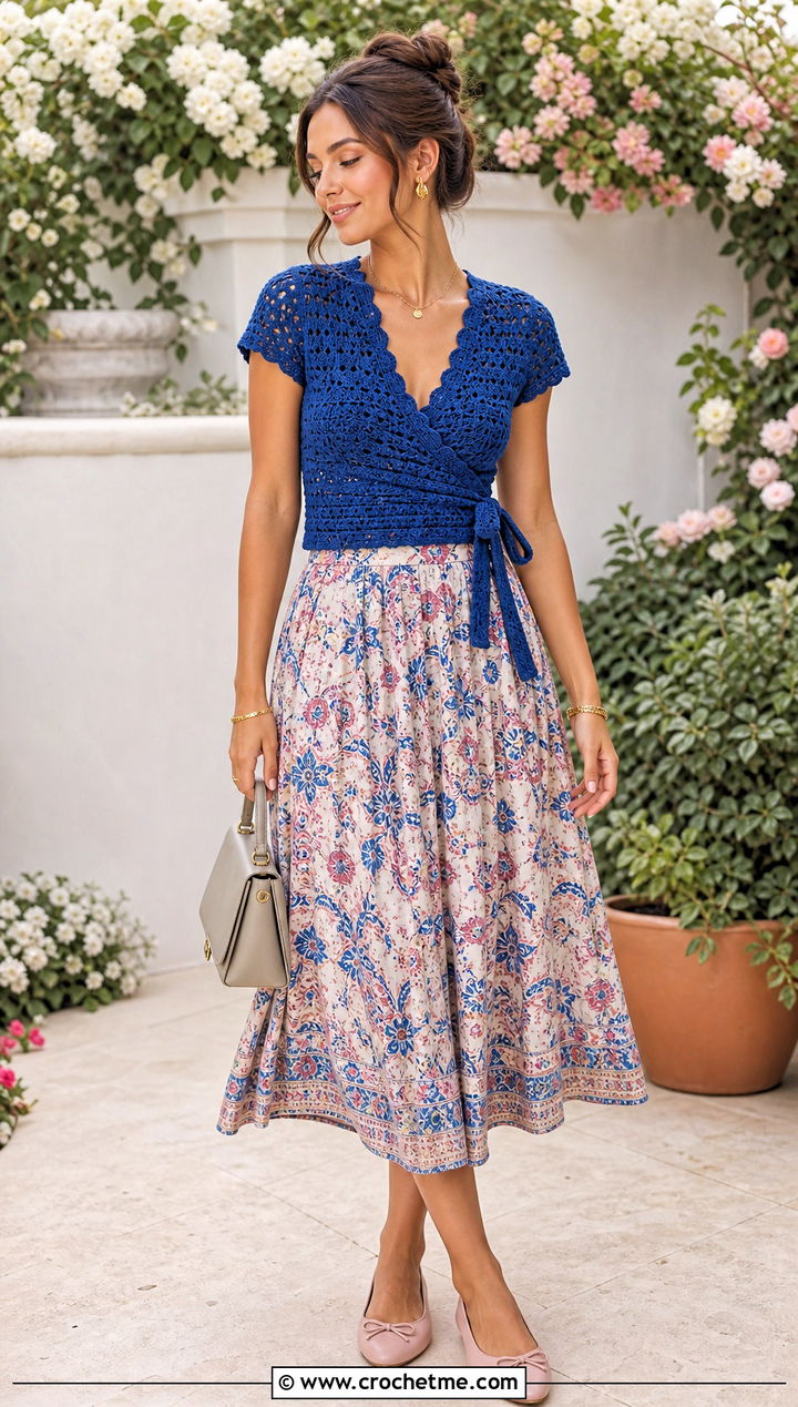 Dark Blue Wrap Crochet Top With Printed Midi Skirt - 35 dark blue crochet top outfit ideas