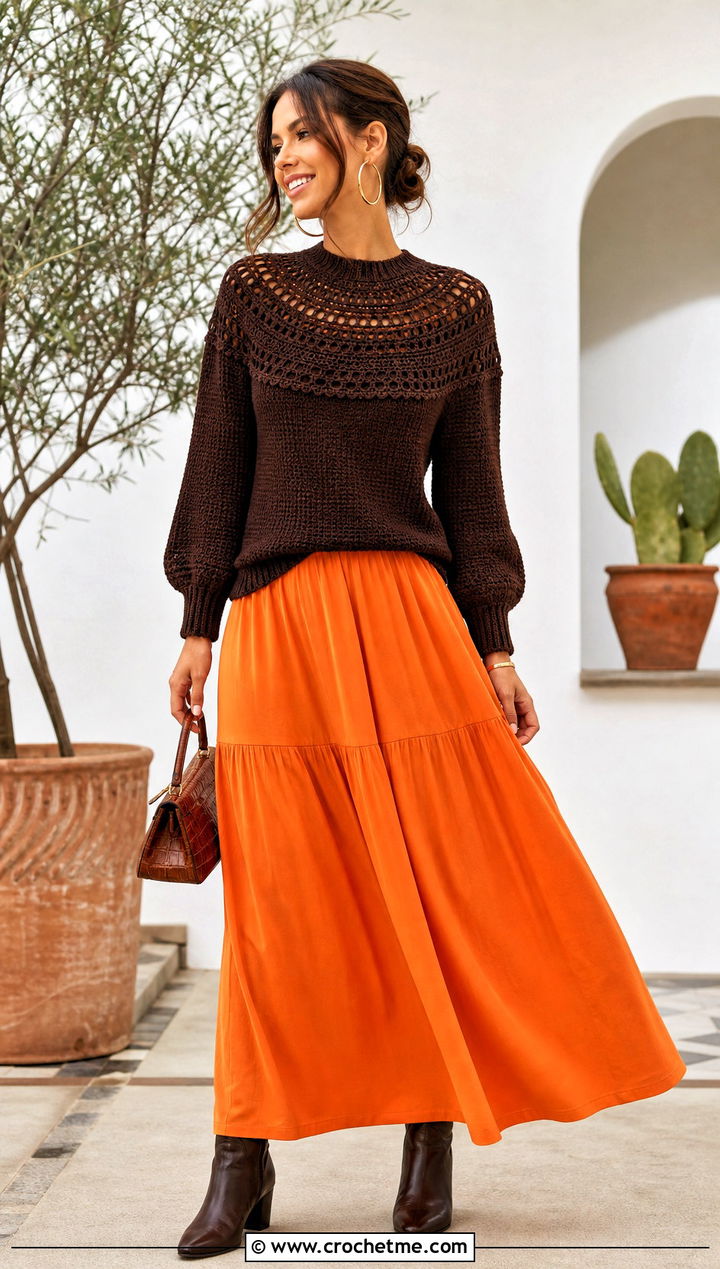 Dark Chocolate Circular Yoke Crochet Sweater With Maxi Skirt - 15 Brown Crochet Sweater Design outfit ideas