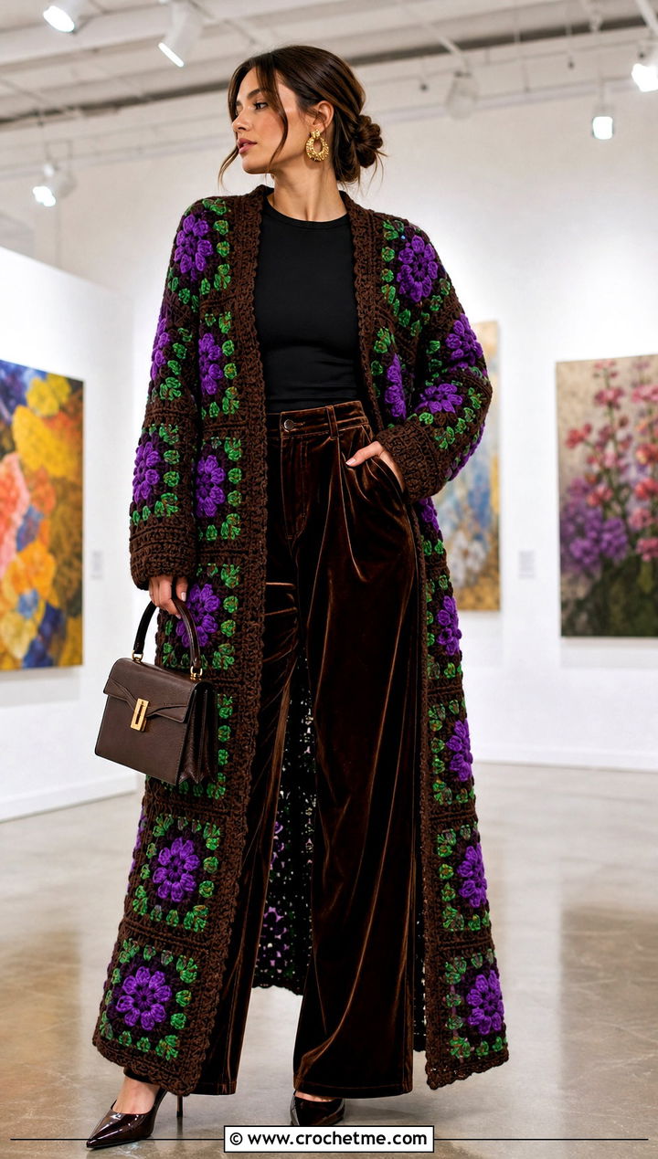 Dark Floral Granny Square Duster With Velvet Pants - 35 granny square duster outfit ideas