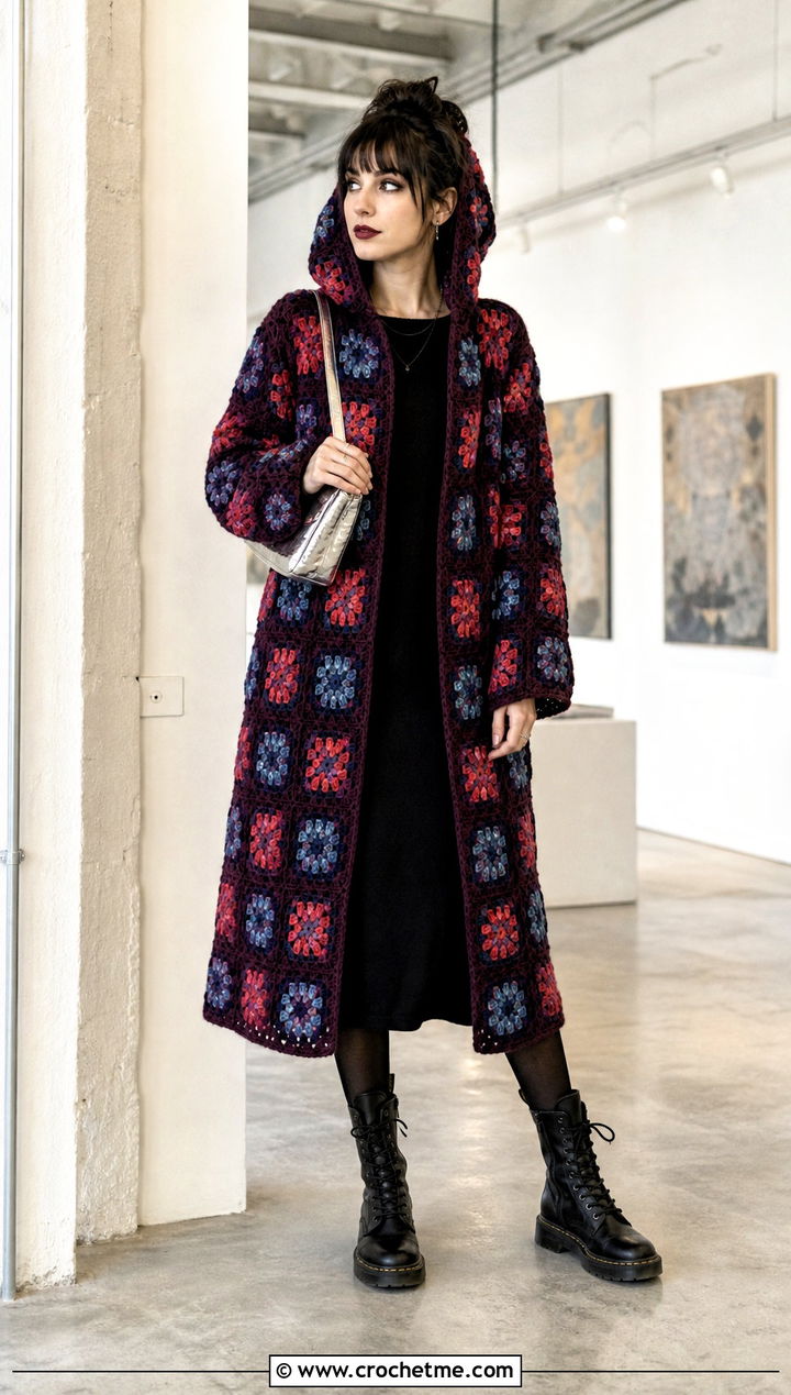 Dark Floral Granny Square Hooded Cardigan With Black Midi Dress - 25 Granny Square Hooded Cardigan outfit ideas