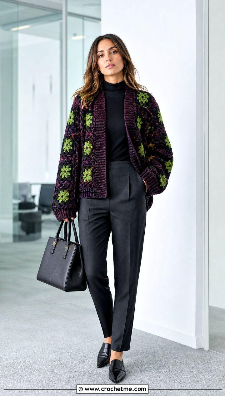 Dark Floral Oversized Granny Square Sweater With Suit Trousers - 30 oversized granny square sweater outfit ideas