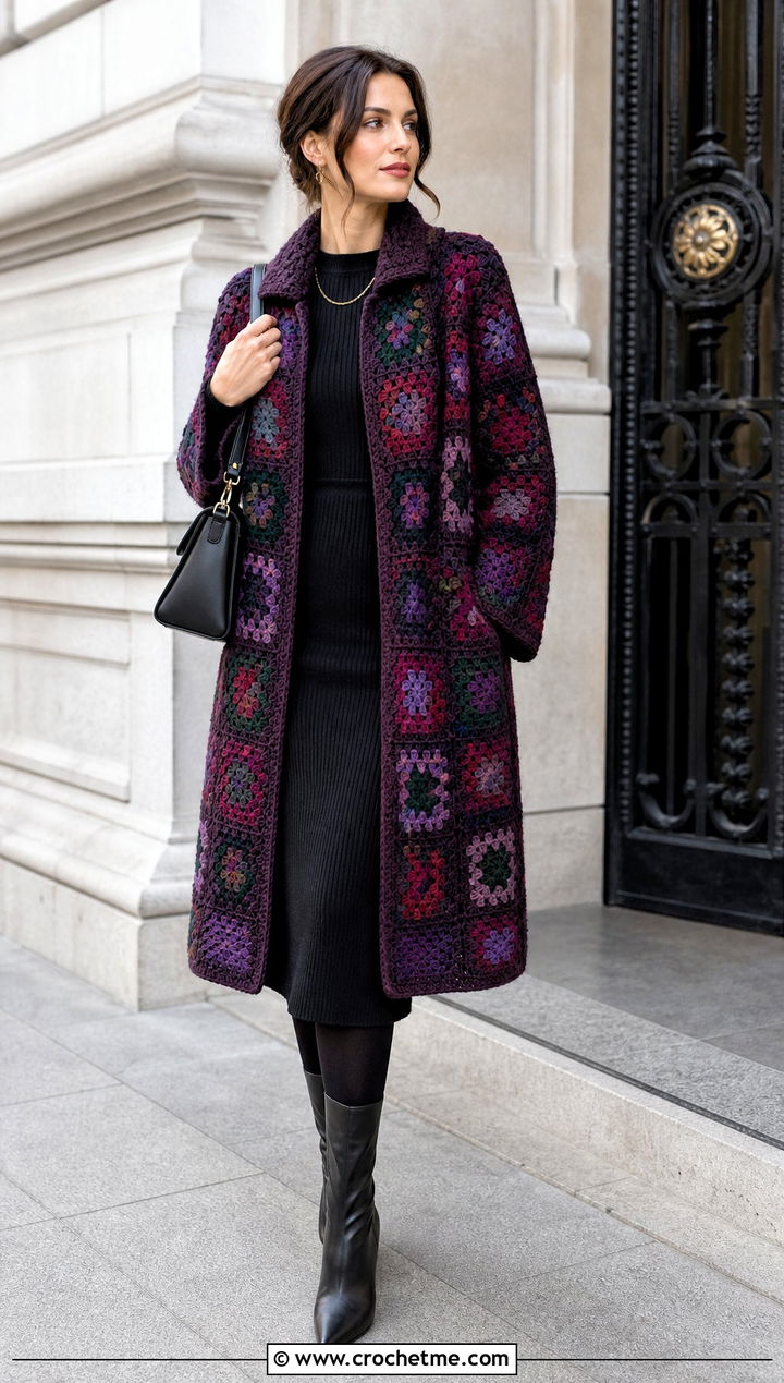 Dark Granny Square Car Coat With Knit Dress - 15 Granny Square Car Coat outfit ideas