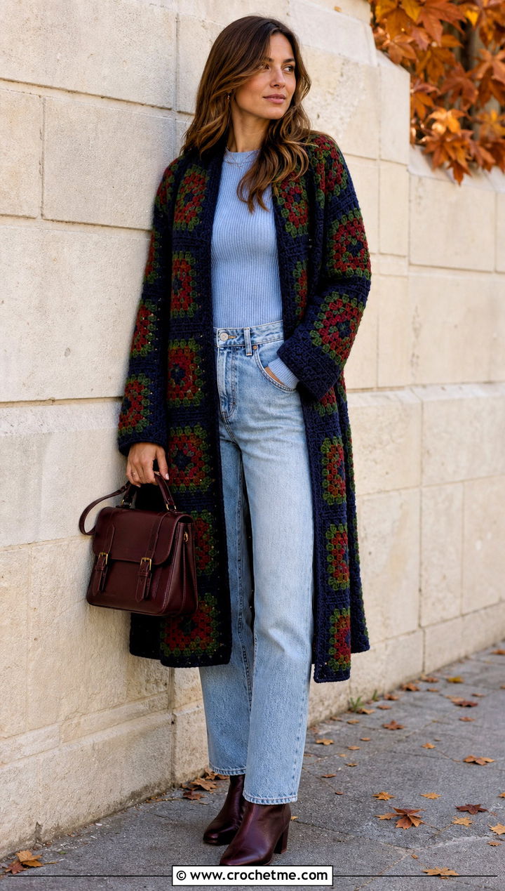 Dark Granny Square Coat With Light Wash Denim - 30 granny square coat outfit ideas