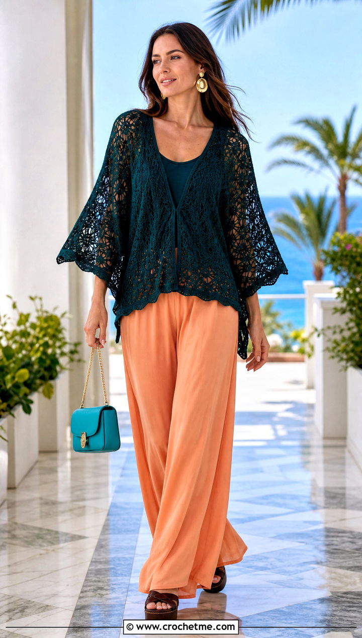 Dark Green Crochet Kimono Sleeve Top With Palazzo Pants - 30 dark green crochet top outfit ideas