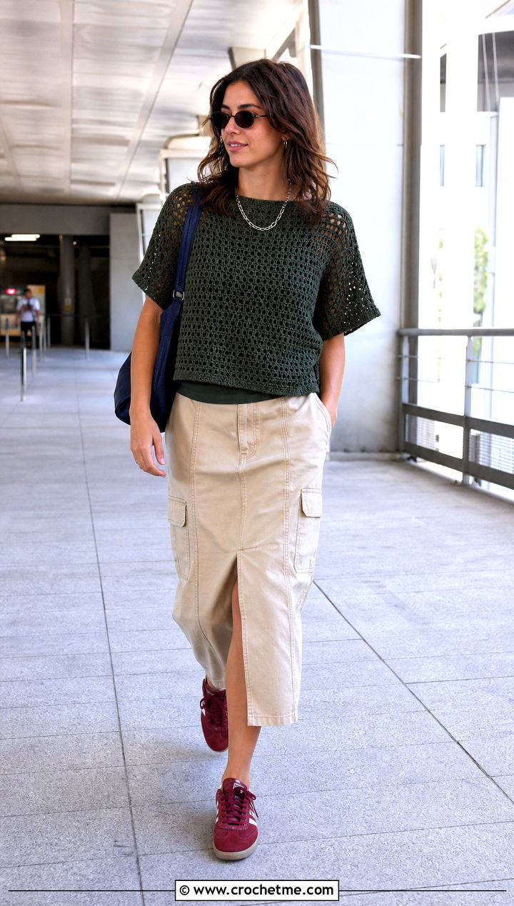 Dark Green Crochet T Shirt With Utility Skirt - 30 dark green crochet top outfit ideas