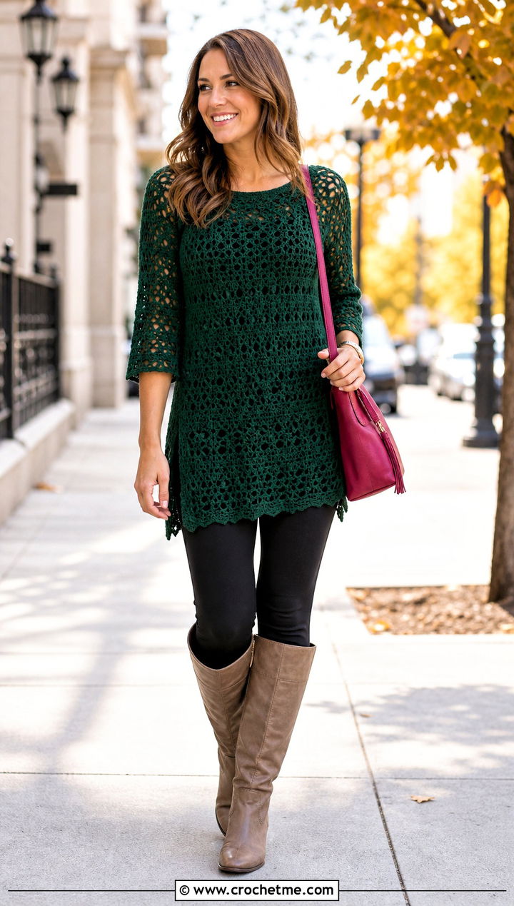 Dark Green Crochet Tunic Top With Leggings - 30 dark green crochet top outfit ideas