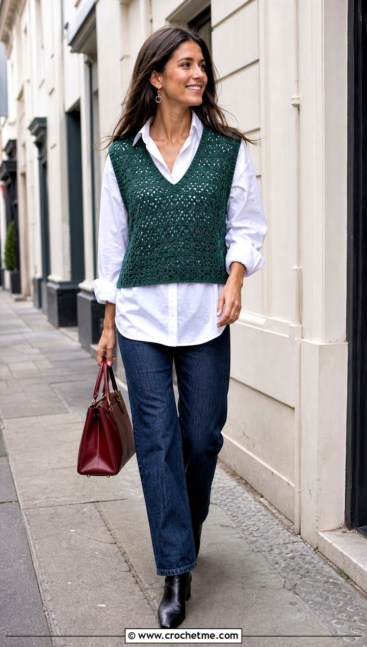 Dark Green Crochet Vest Top Over A White Shirt - 30 dark green crochet top outfit ideas