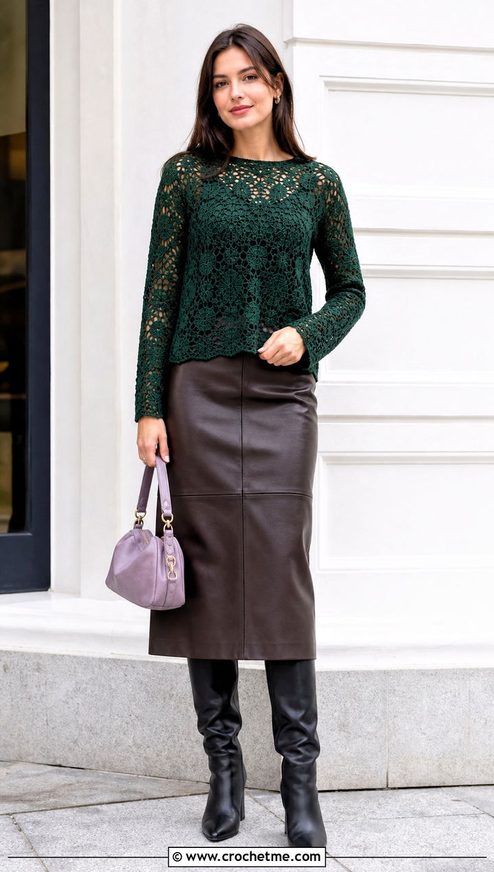 Dark Green Long Sleeve Crochet Top With Leather Skirt - 30 dark green crochet top outfit ideas