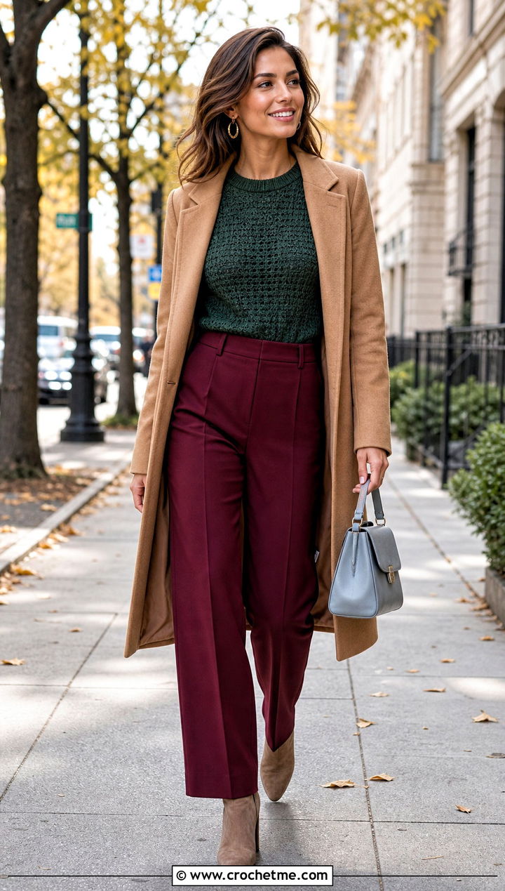Dark Green Ribbed Crochet Sweater Top With Wool Trousers - 30 dark green crochet top outfit ideas
