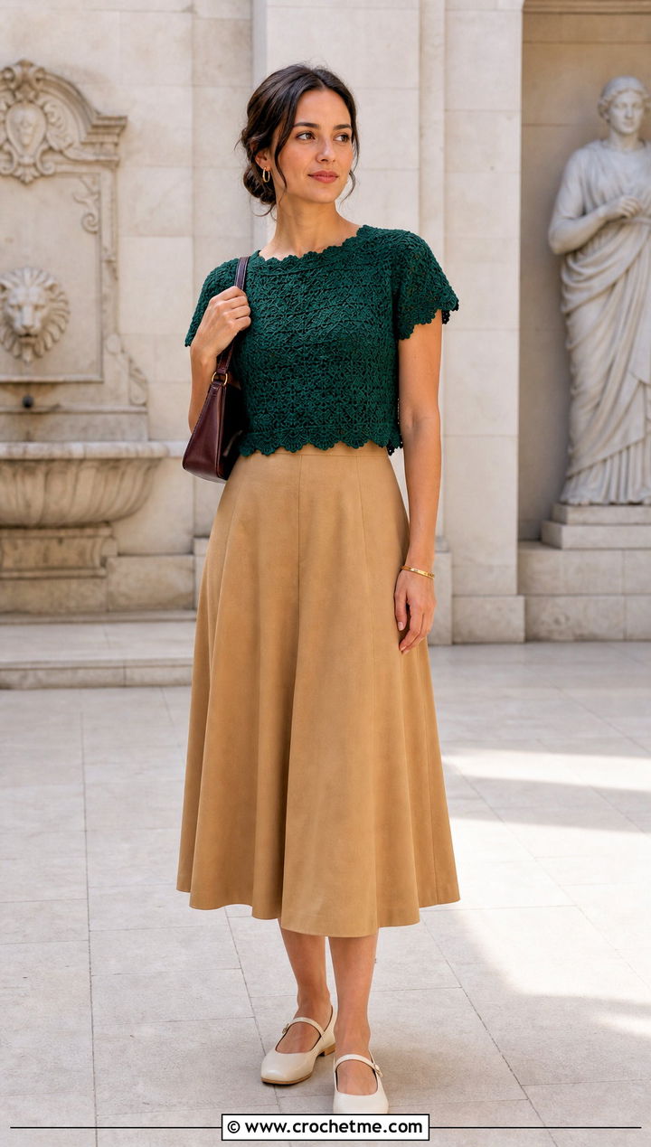Dark Green Scalloped Crochet Blouse With A Line Skirt - 30 dark green crochet top outfit ideas