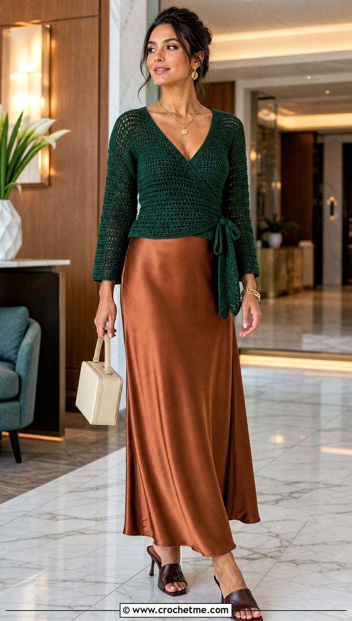Dark Green Wrap Crochet Top With Slip Skirt - 30 dark green crochet top outfit ideas