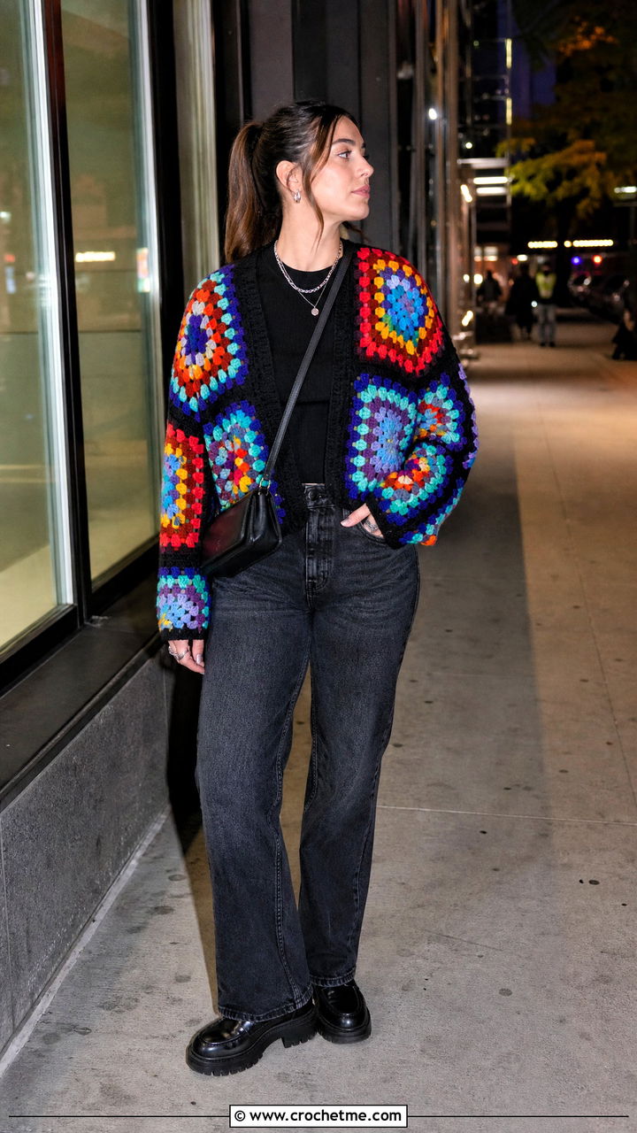 Dark Ground Rainbow Big Granny Square Cardigan With Black Denim - 35 Big Granny Square Cardigan outfit ideas