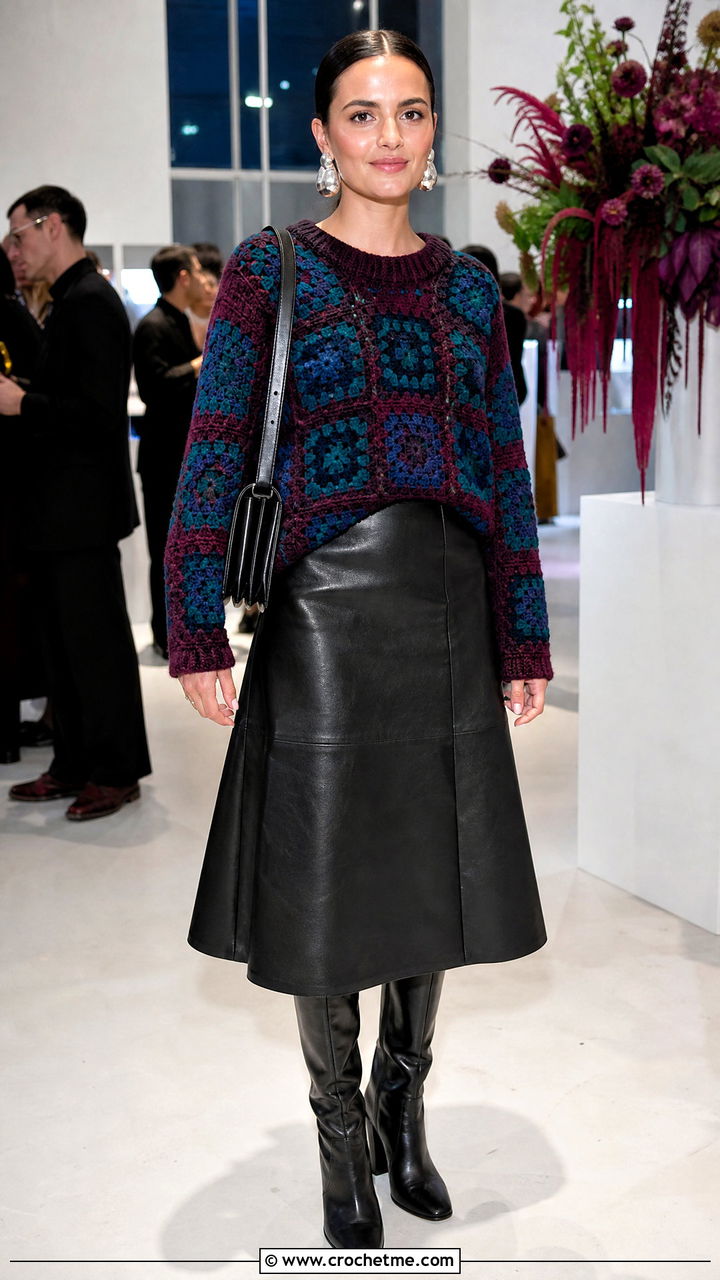 Dark Tone Granny Square Sweater With Faux Leather Midi Skirt - 35 granny square sweater outfit ideas