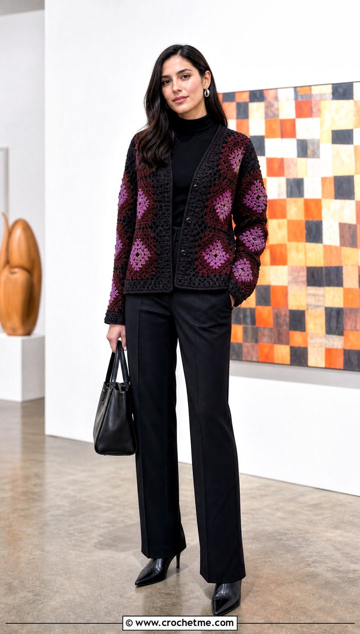 Dark Tone Howl Crochet Cardigan With Tailored Black Trousers - 25 Howl Crochet Cardigan outfit ideas