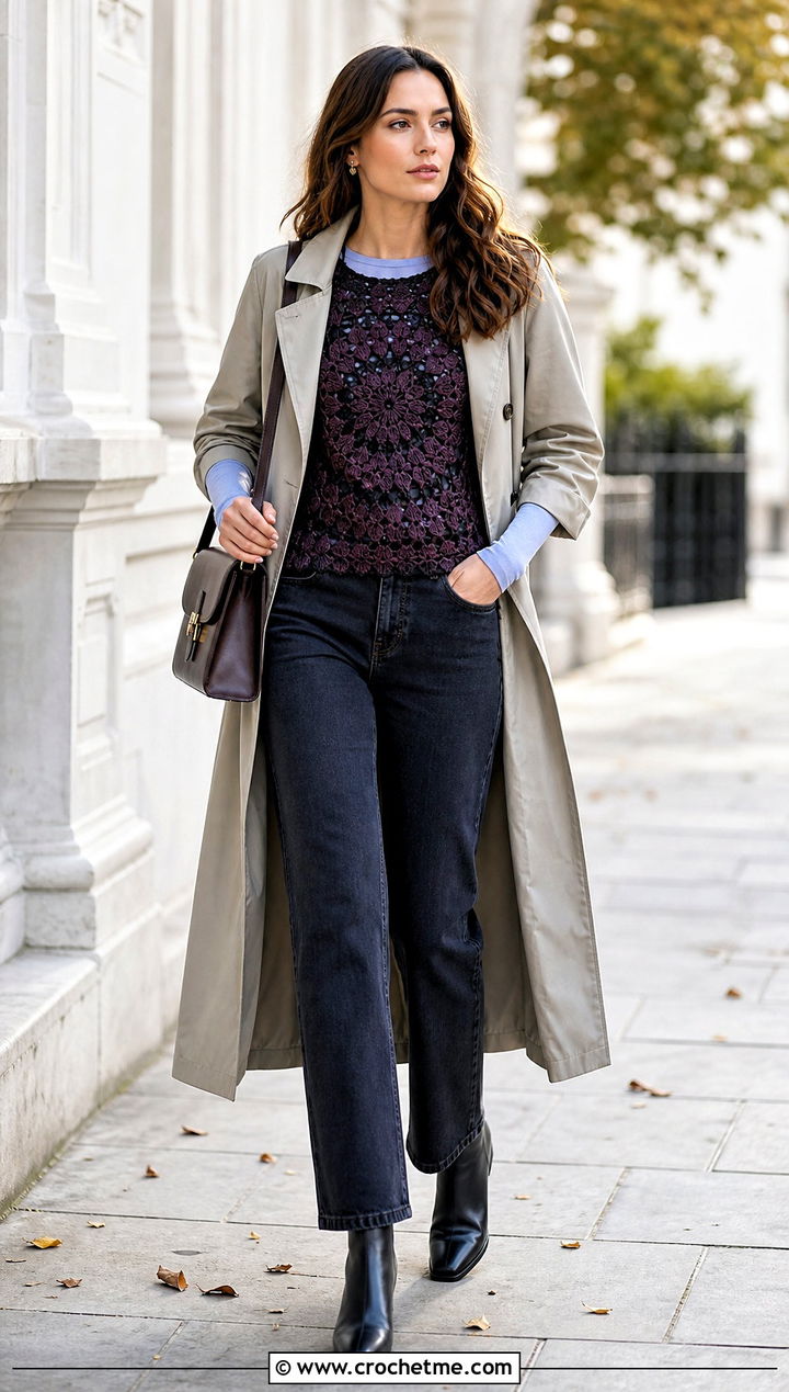 Dark Tone Relaxagon Crochet Shirt With A Trench Coat - 15 relaxagon crochet shirt outfit ideas