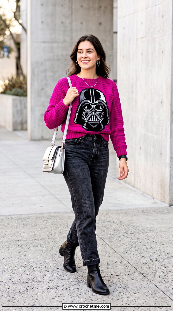 Darth Vader Crewneck Crochet Sweater With Black Jeans - 20 Star Wars Crochet Sweater outfit ideas