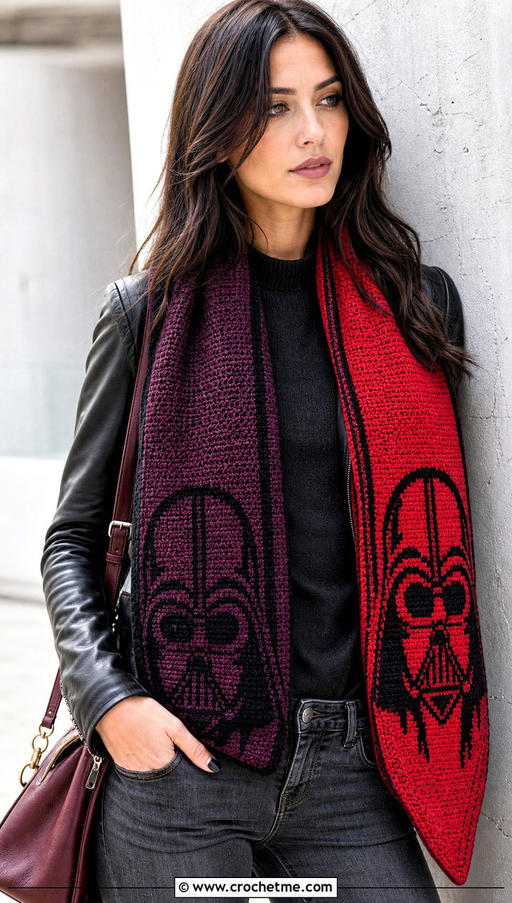 Darth Vader Double Sided Scarf With Leather Jacket - 15 Crochet Star Wars Scarf outfit ideas
