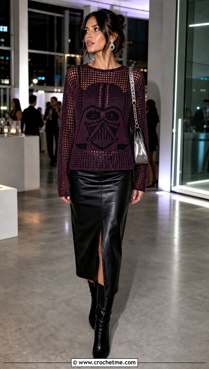 Darth Vader Filet Crochet Top With Leather Skirt - 25 Star Wars Crochet Clothes and outfit ideas