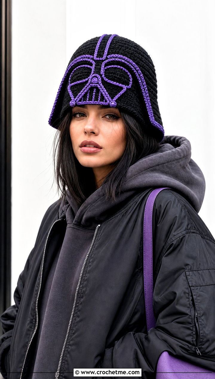 Darth Vader Helmet Beanie With Monochrome Streetwear - 15 Star Wars Crochet Hat outfit ideas
