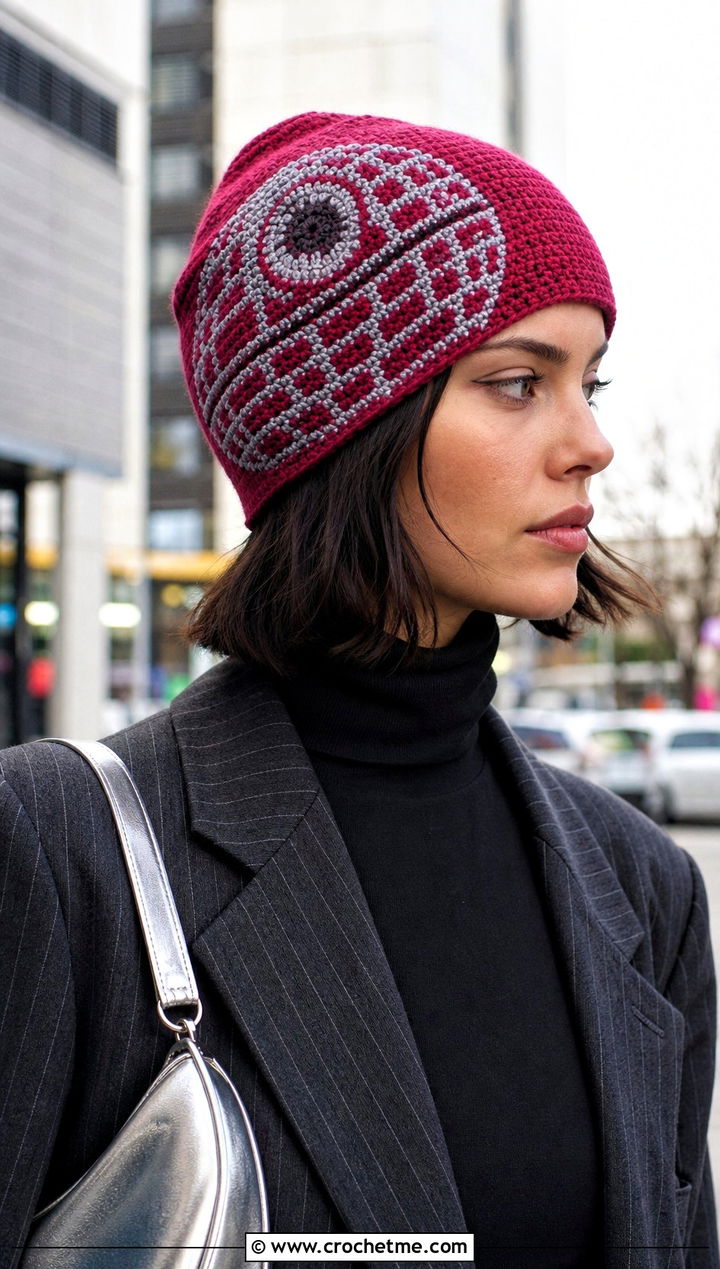 Death Star Crochet Tapestry Beanie With Pinstripe Blazer - 30 crochet star wars hat outfit ideas
