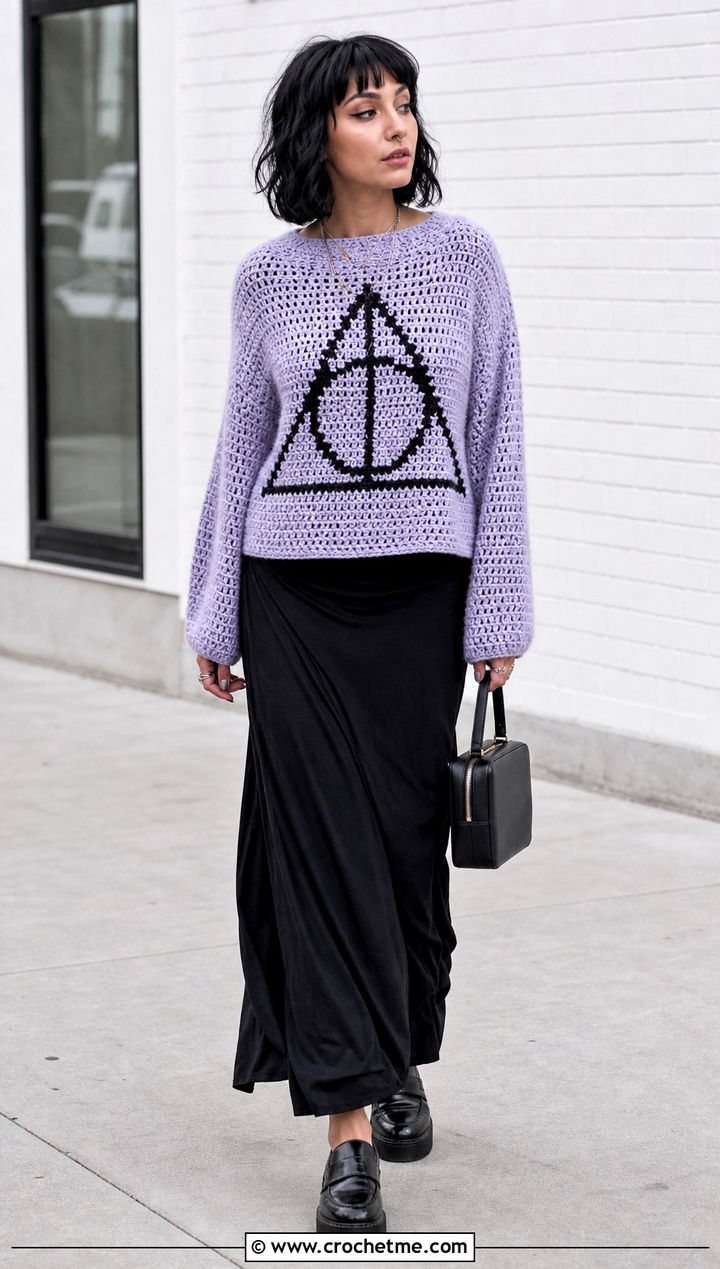 Deathly Hallows Crochet Sweater With Black Maxi Skirt - 25 Harry Potter Crochet Sweater outfit ideas